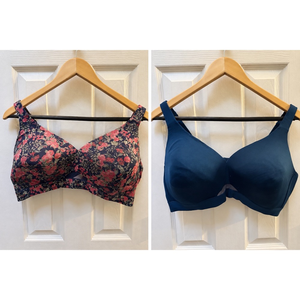 Cacique Floral and Solid Blue Wireless Bra Lot 2 Pack Women 44C